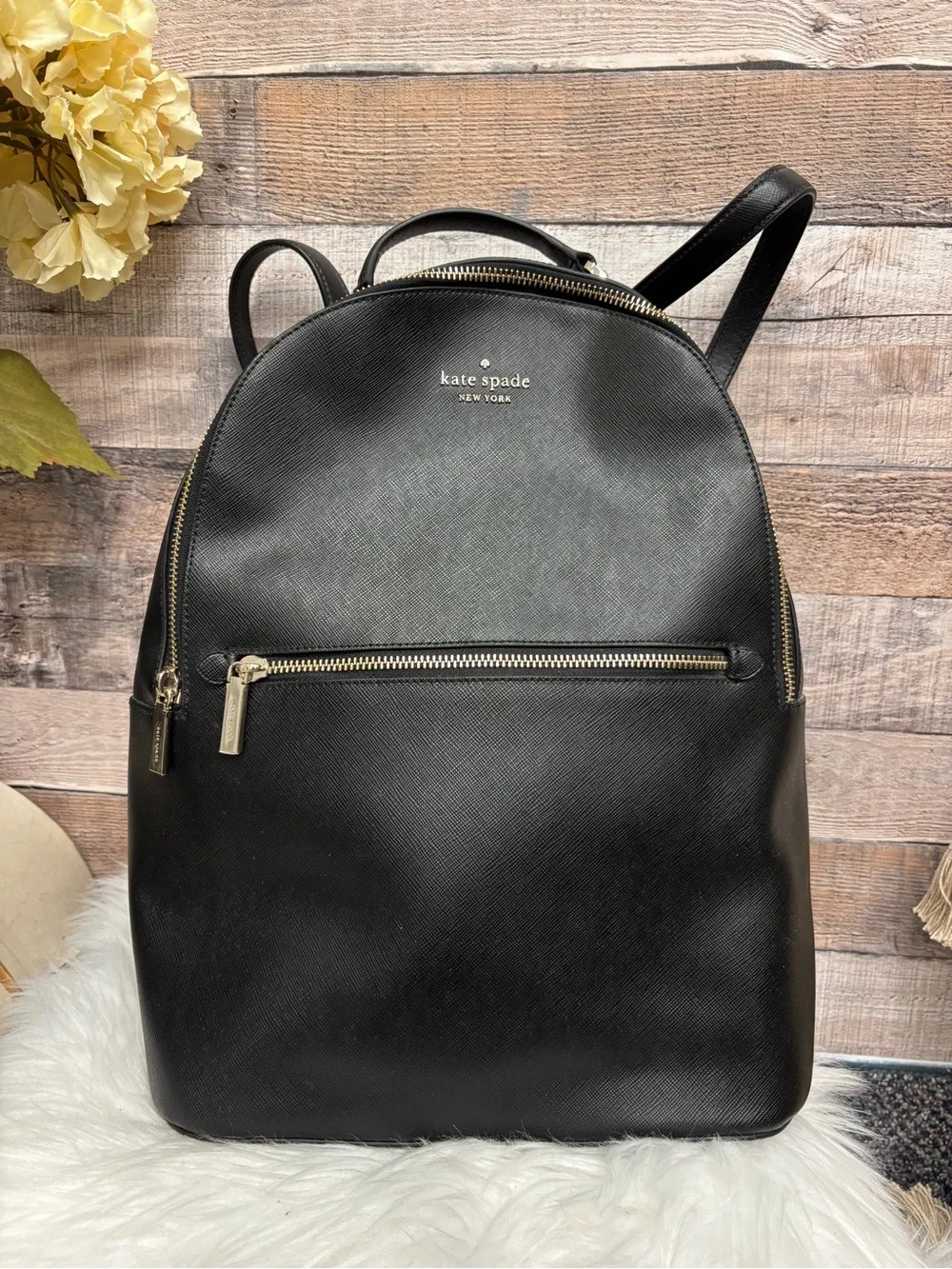 Kate Spade Black Leather Medium Backpack w/ Gold